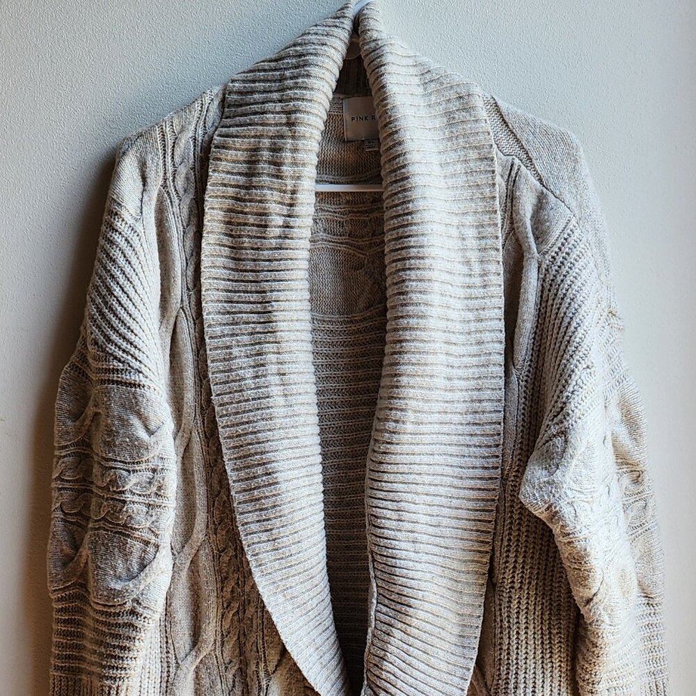 Pink Rose Beige Chunky Cable Knit Angled Open Cardigan Size XL - Picture 4 of 15